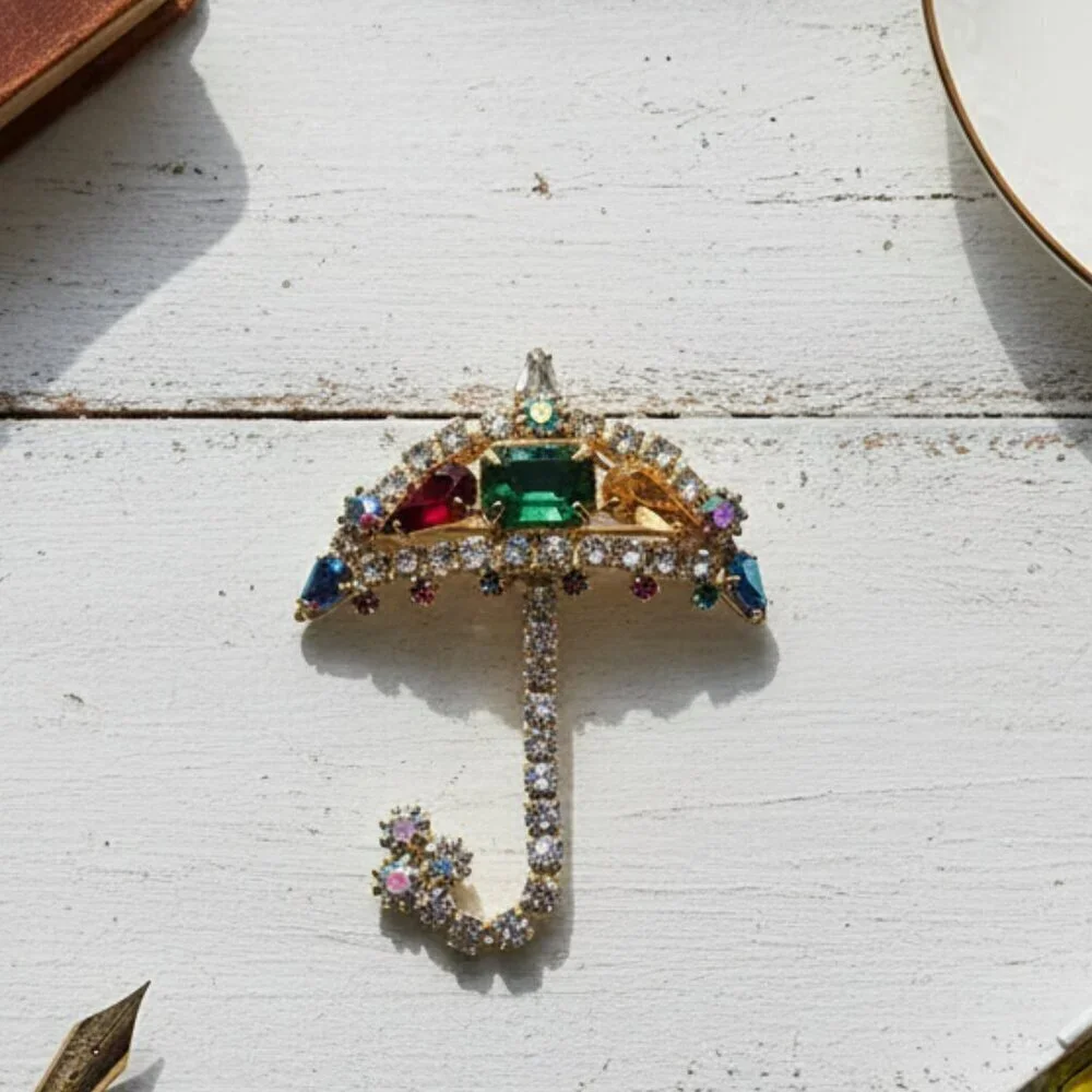 Goldtone J Brooch Multicolor Gemstones Umbrella